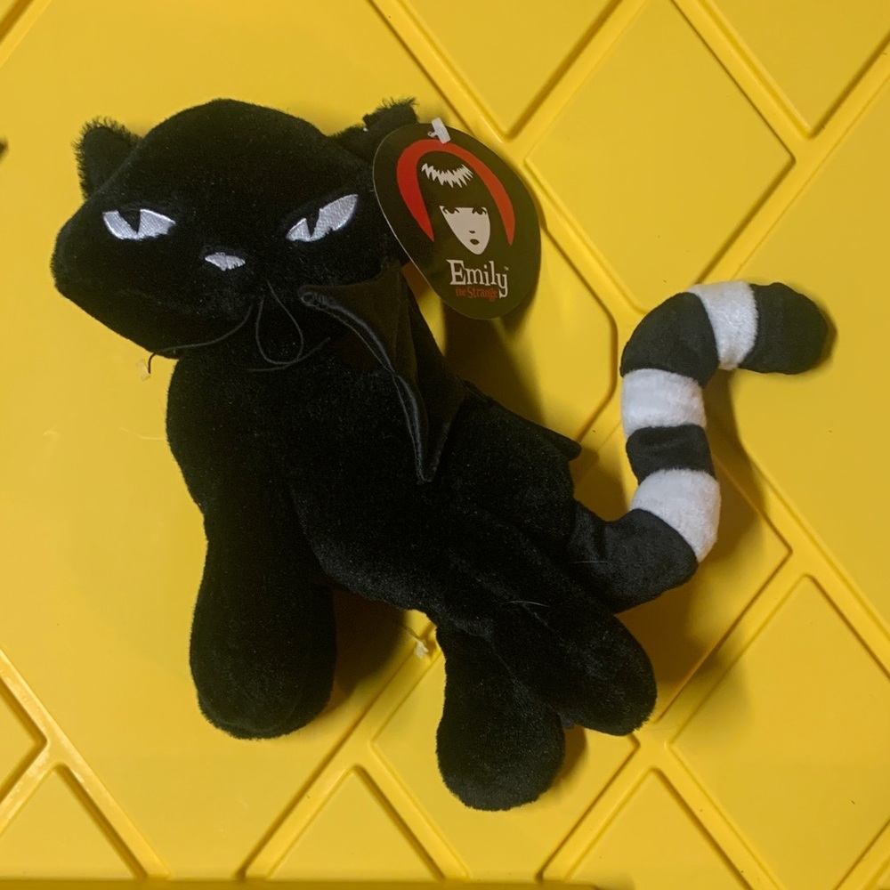 Y2K Emily the strange Black Plush Cat Toy with Striped Tail and wings